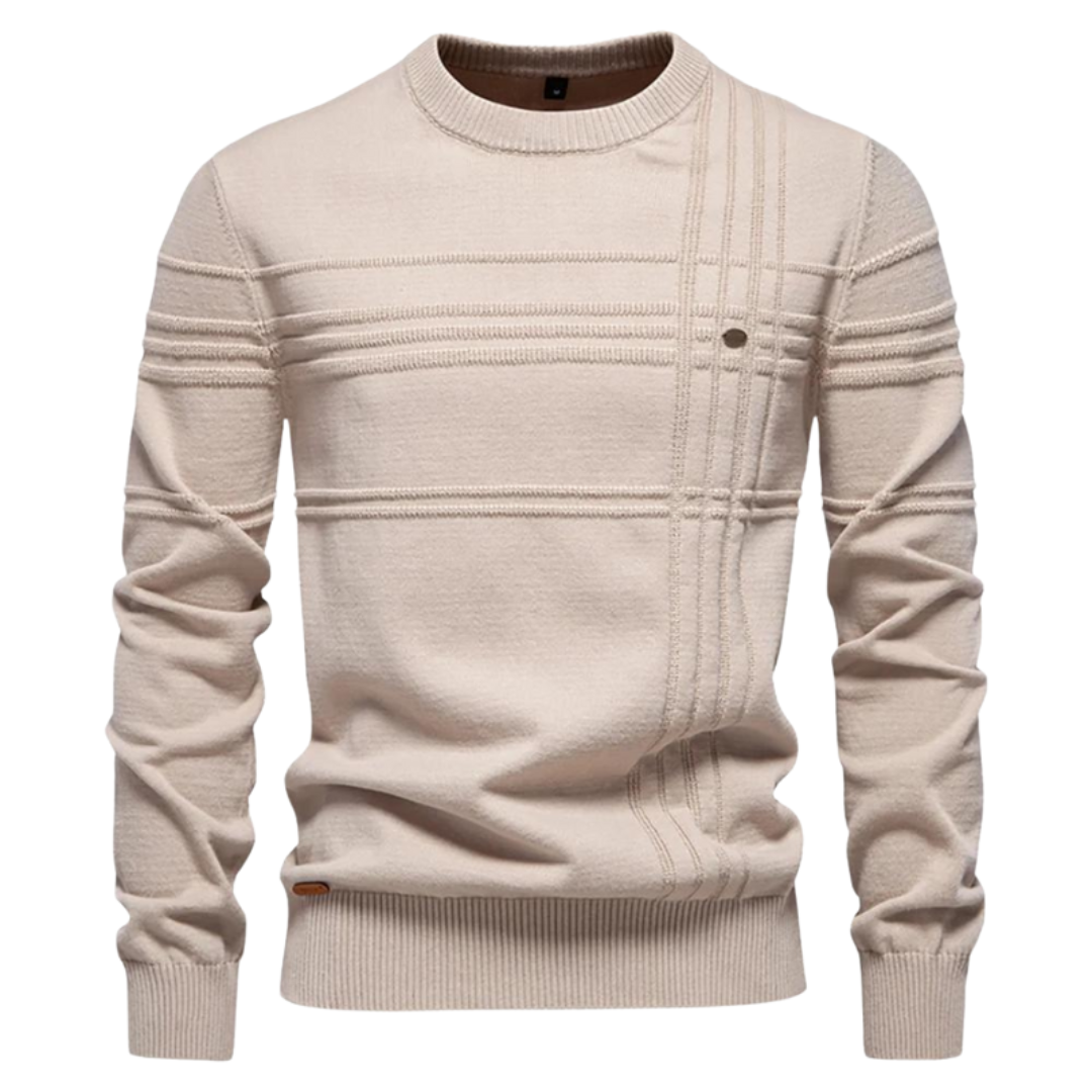 Men's Knit Pullover Sweater with Crew Neck and Raised Plaid Lines