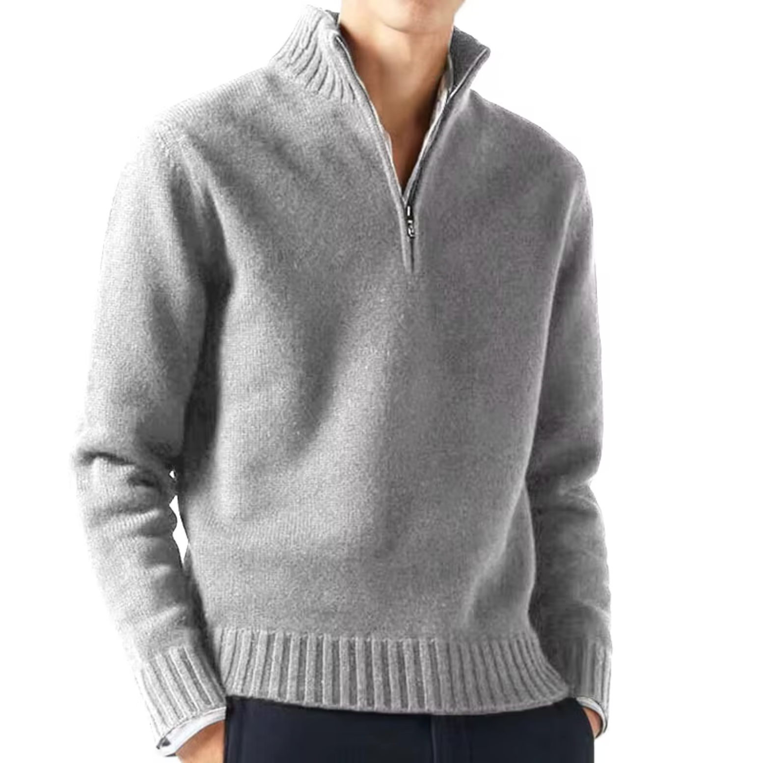 Men's Knit Pullover Sweater with Half-Zip and Stand Collar