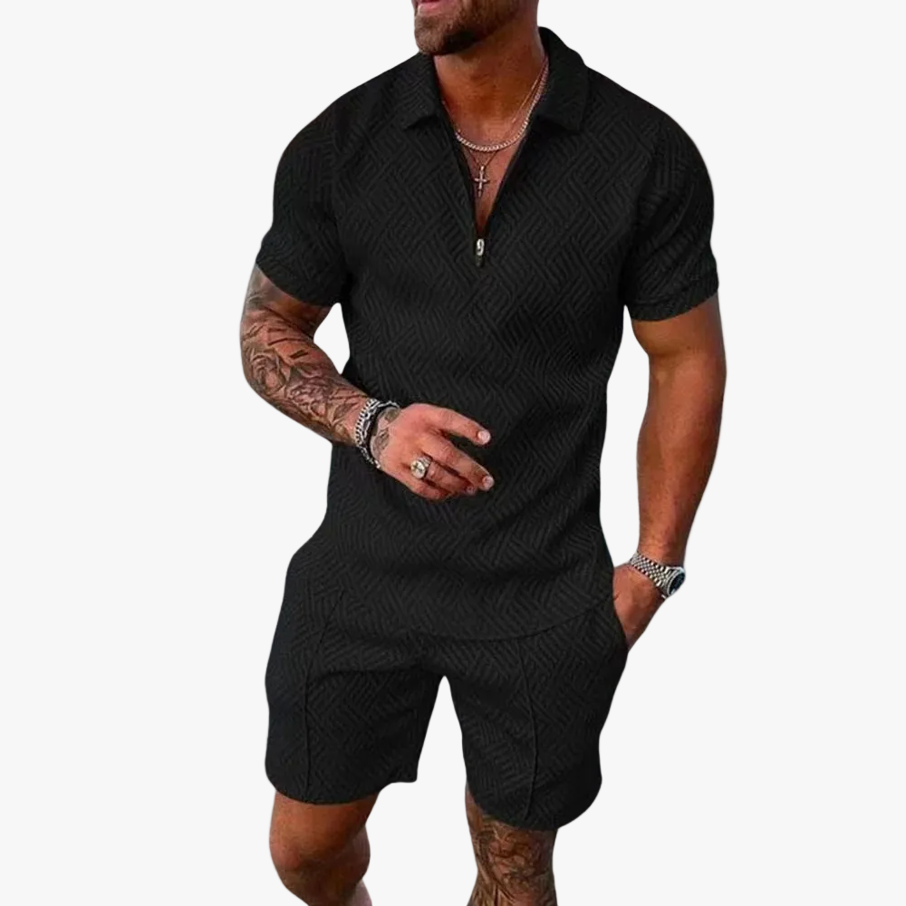 Men's Knit Short Set with Zip Polo and Geometric Pattern