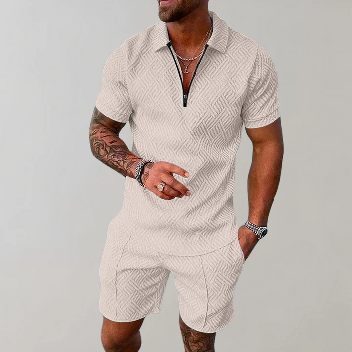 Men's Knit Short Set with Zip Polo and Geometric Pattern