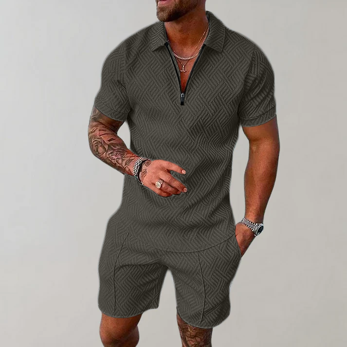 Men's Knit Short Set with Zip Polo and Geometric Pattern