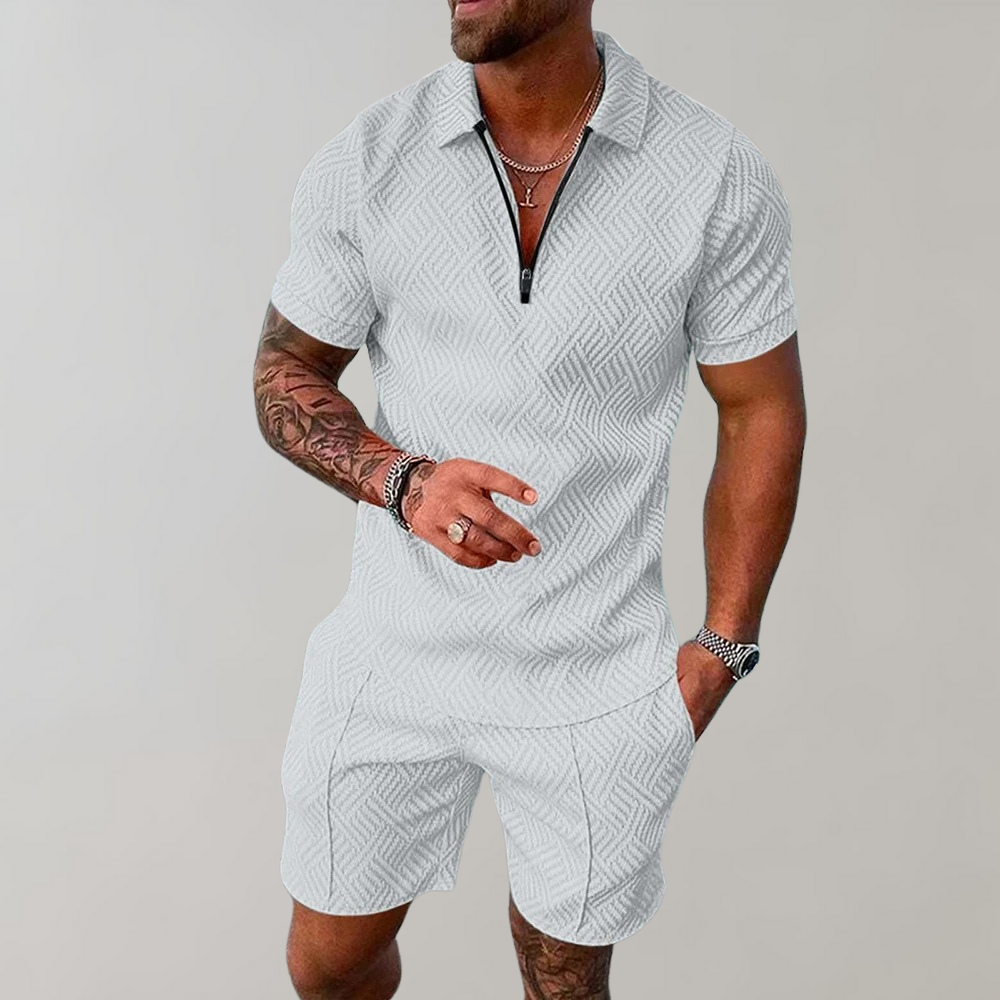 Men's Knit Short Set with Zip Polo and Geometric Pattern