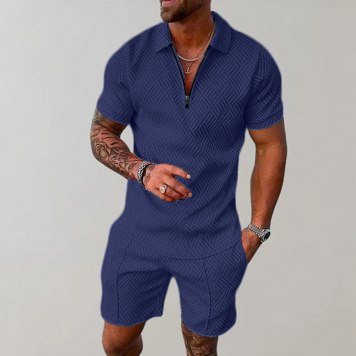 Men's Knit Short Set with Zip Polo and Geometric Pattern