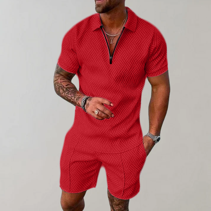 Men's Knit Short Set with Zip Polo and Geometric Pattern