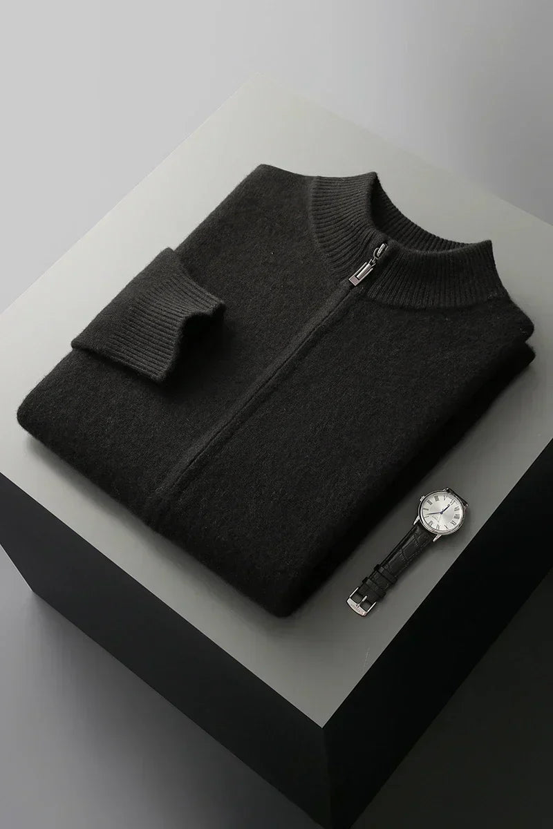Men's Knit Sweater with Full Zip and Mock Neck