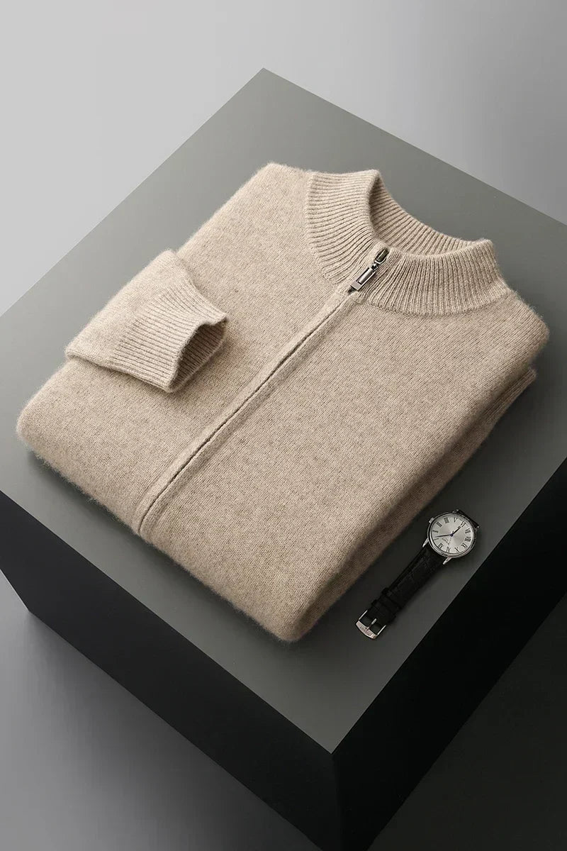 Men's Knit Sweater with Full Zip and Mock Neck