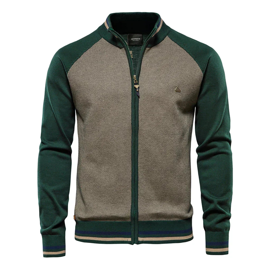 Men's Knit Sweater with Full-Zip Front and Stand Collar