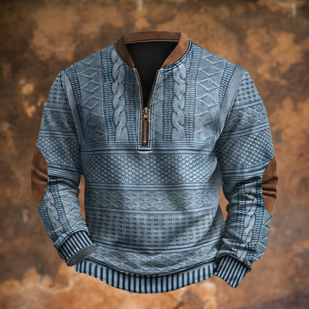 Men's Knit Sweater with Quarter Zip and Pattern Panels
