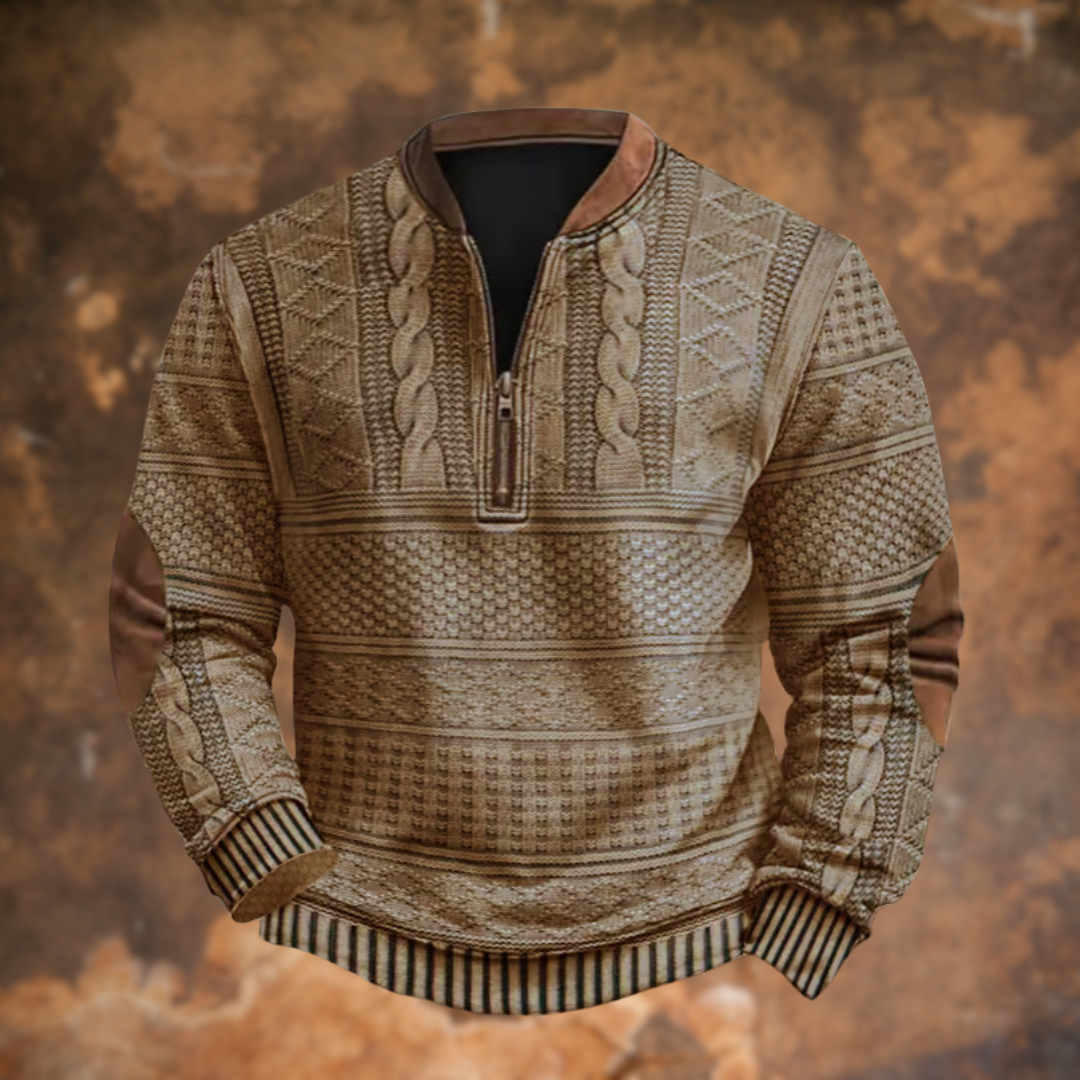 Men's Knit Sweater with Quarter Zip and Pattern Panels