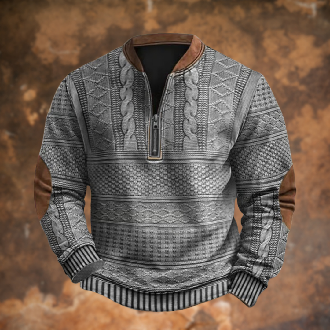 Men's Knit Sweater with Quarter Zip and Pattern Panels