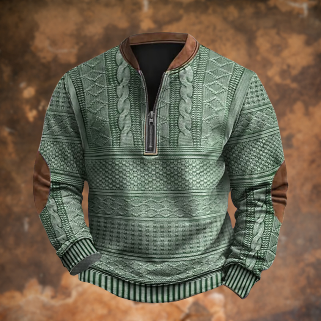 Men's Knit Sweater with Quarter Zip and Pattern Panels
