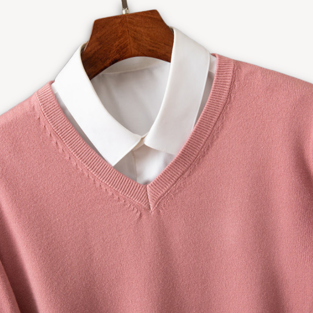 Men's Knit Sweater with V Neck and Rib Trim