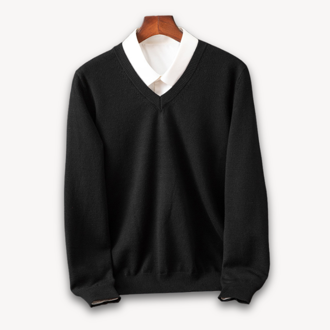 Men's Knit Sweater with V Neck and Rib Trim