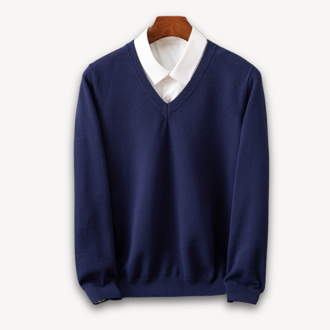 Men's Knit Sweater with V Neck and Rib Trim