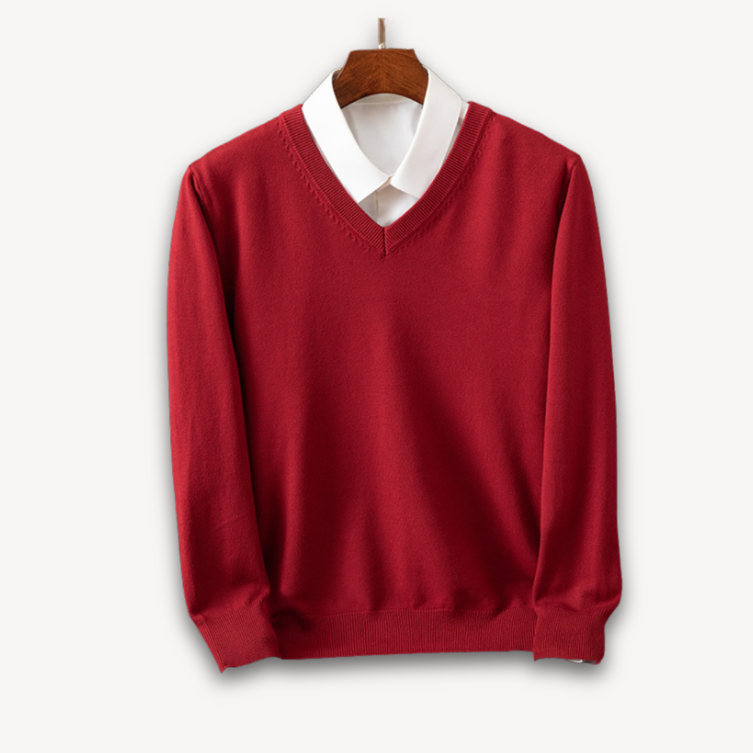 Men's Knit Sweater with V Neck and Rib Trim