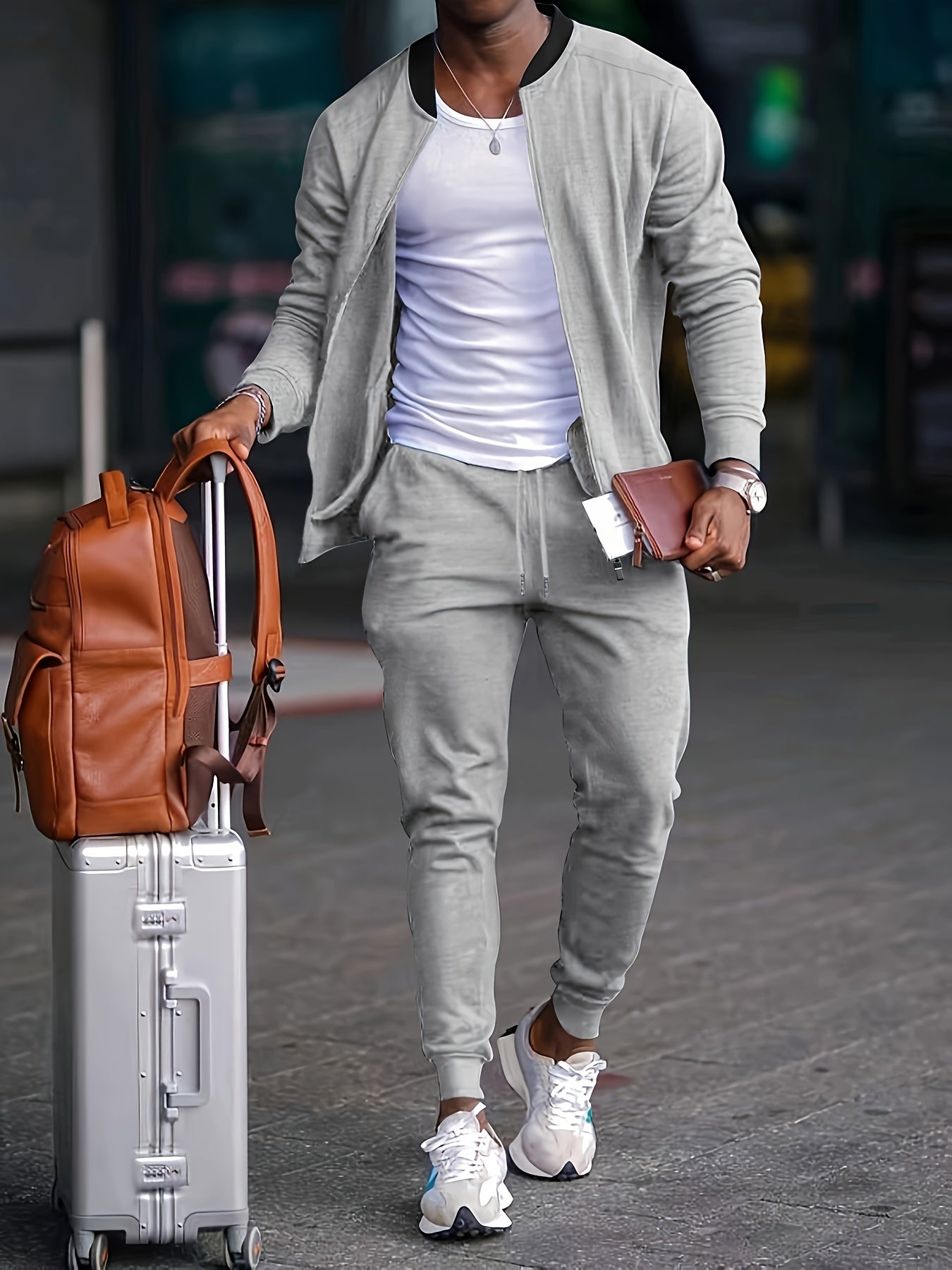 Men's Knit Tracksuit Set with Zip Jacket and Drawstring Joggers