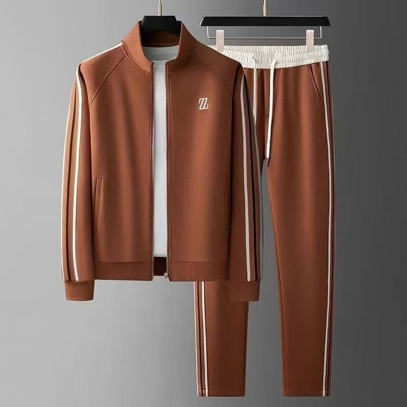 Men's Knit Tracksuit Set with Zip Jacket and Side Stripes