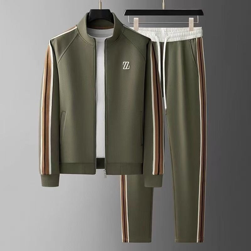 Men's Knit Tracksuit Set with Zip Jacket and Side Stripes