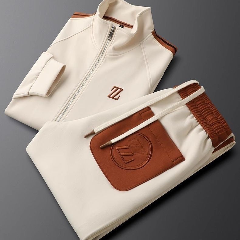 Men's Knit Tracksuit Set with Zip Jacket and Side Stripes