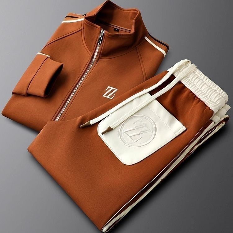 Men's Knit Tracksuit Set with Zip Jacket and Side Stripes