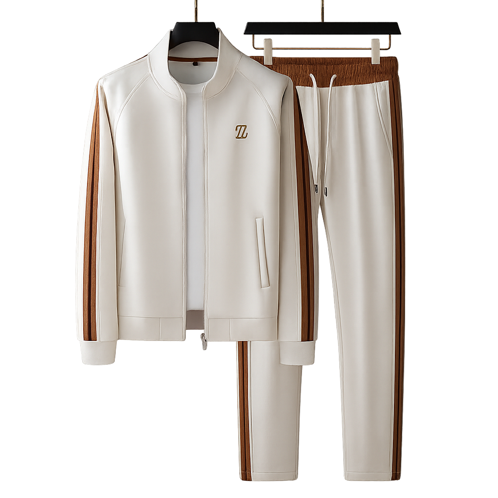 Men's Knit Tracksuit Set with Zip Jacket and Side Stripes