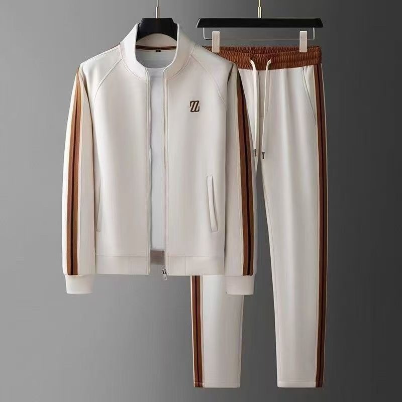 Men's Knit Tracksuit Set with Zip Jacket and Side Stripes