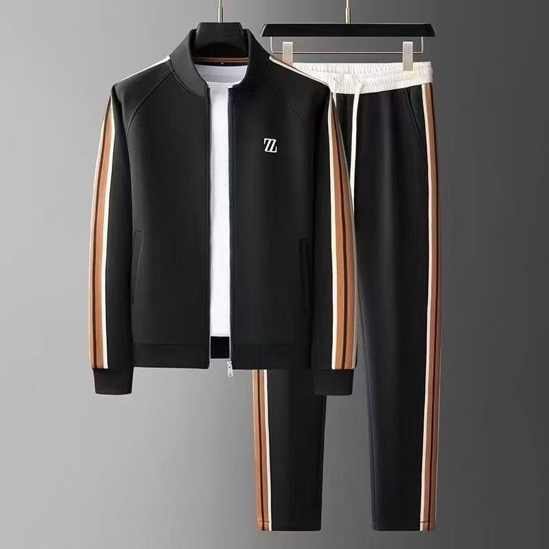 Men's Knit Tracksuit Set with Zip Jacket and Side Stripes
