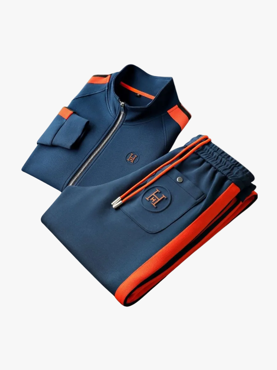 Men's Knit Tracksuit Set with Zip Jacket and Stripe Trim