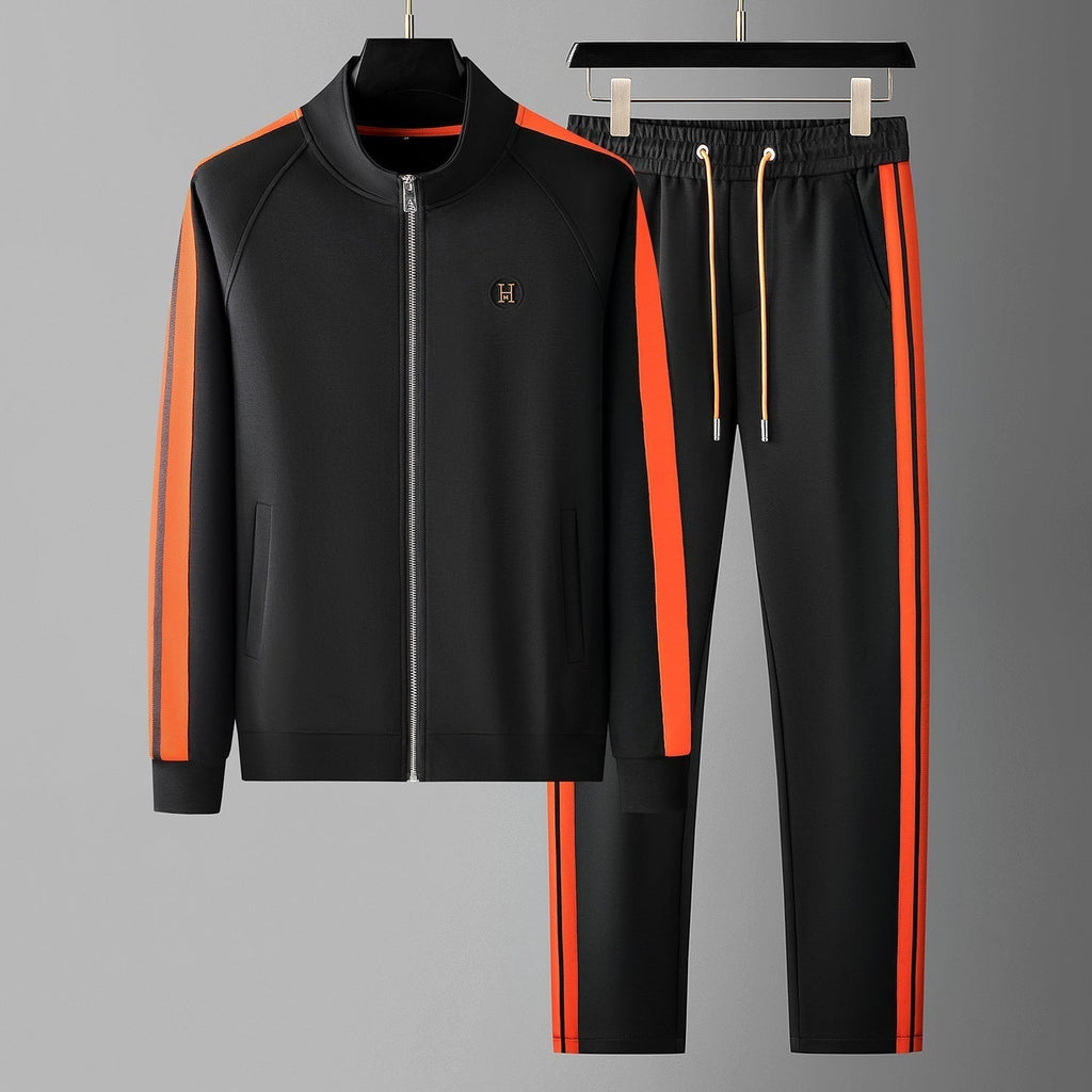Men's Knit Tracksuit Set with Zip Jacket and Stripe Trim