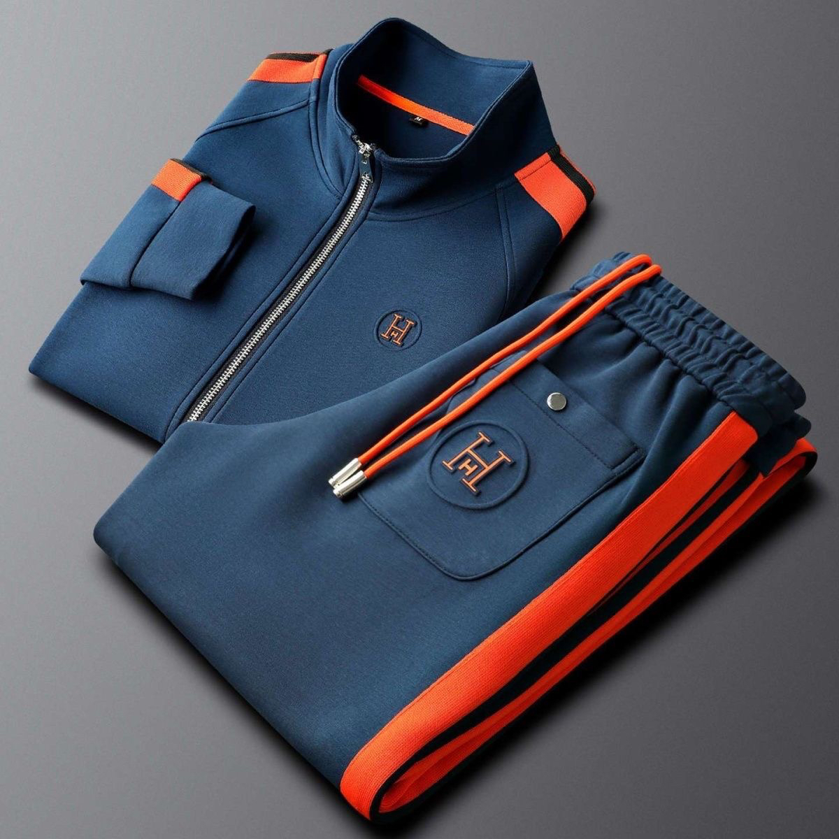 Men's Knit Tracksuit Set with Zip Jacket and Stripe Trim