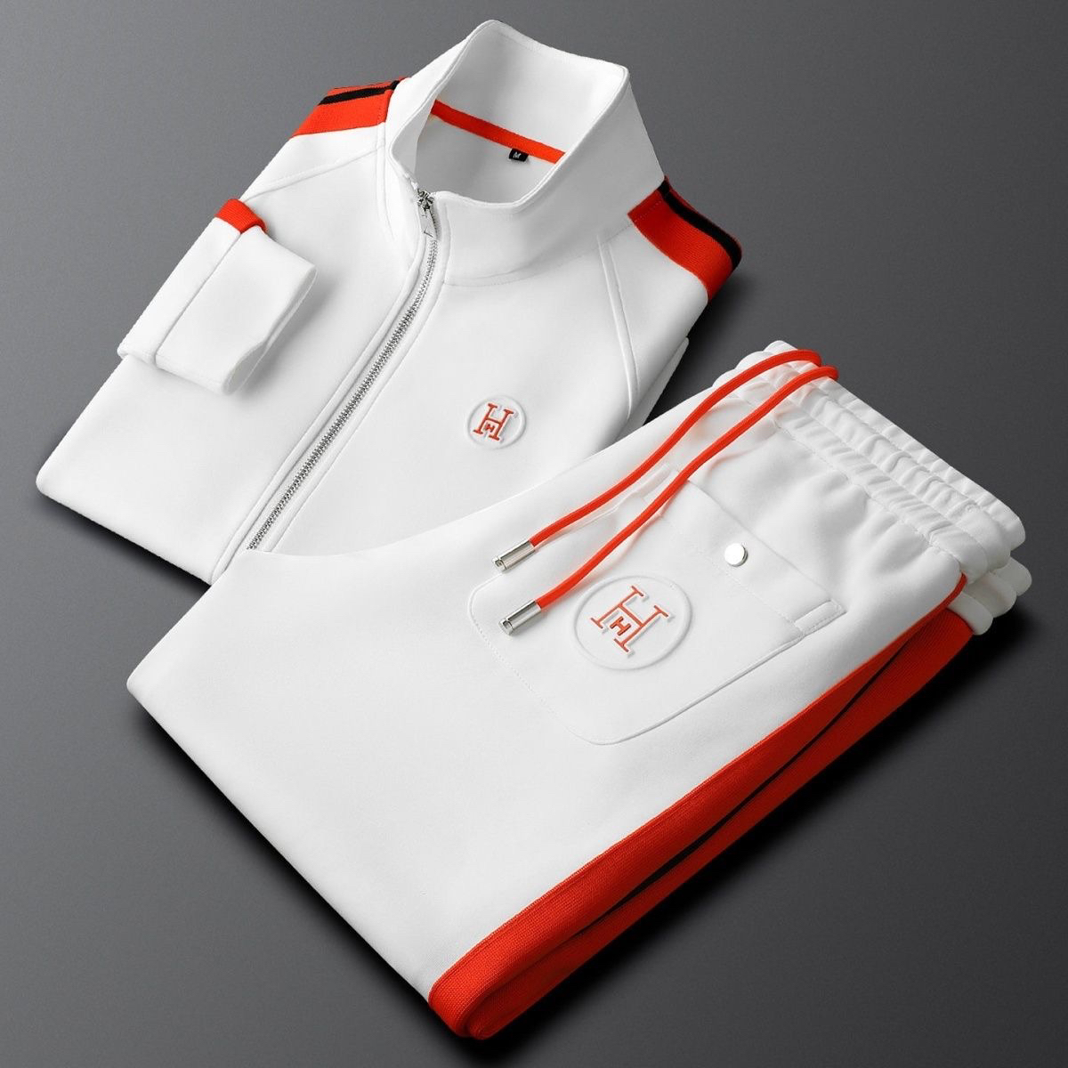 Men's Knit Tracksuit Set with Zip Jacket and Stripe Trim