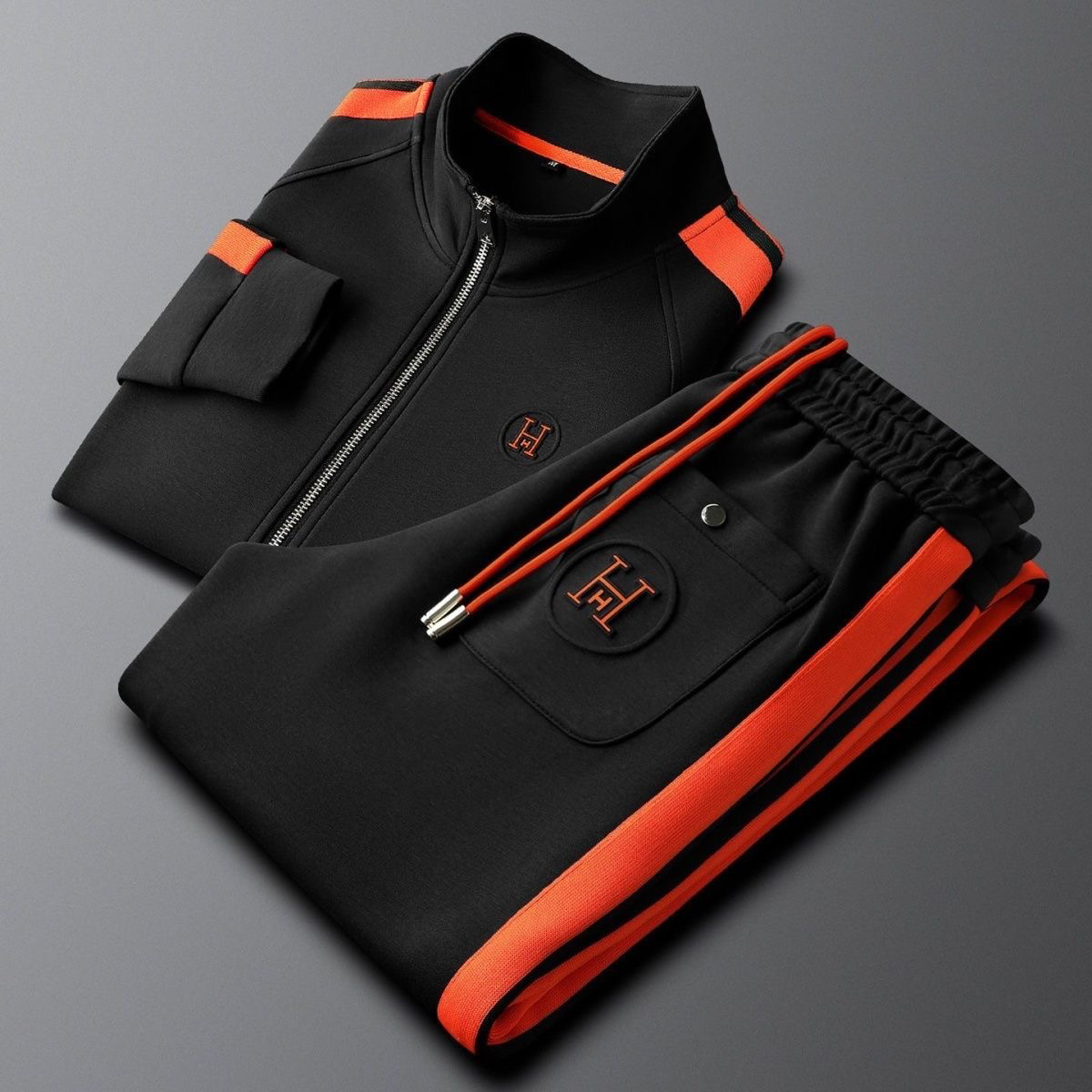 Men's Knit Tracksuit Set with Zip Jacket and Stripe Trim