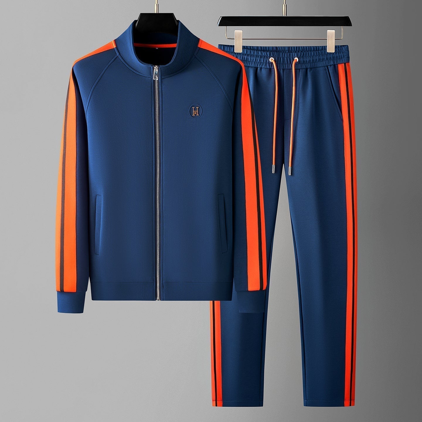 Men's Knit Tracksuit Set with Zip Jacket and Stripe Trim