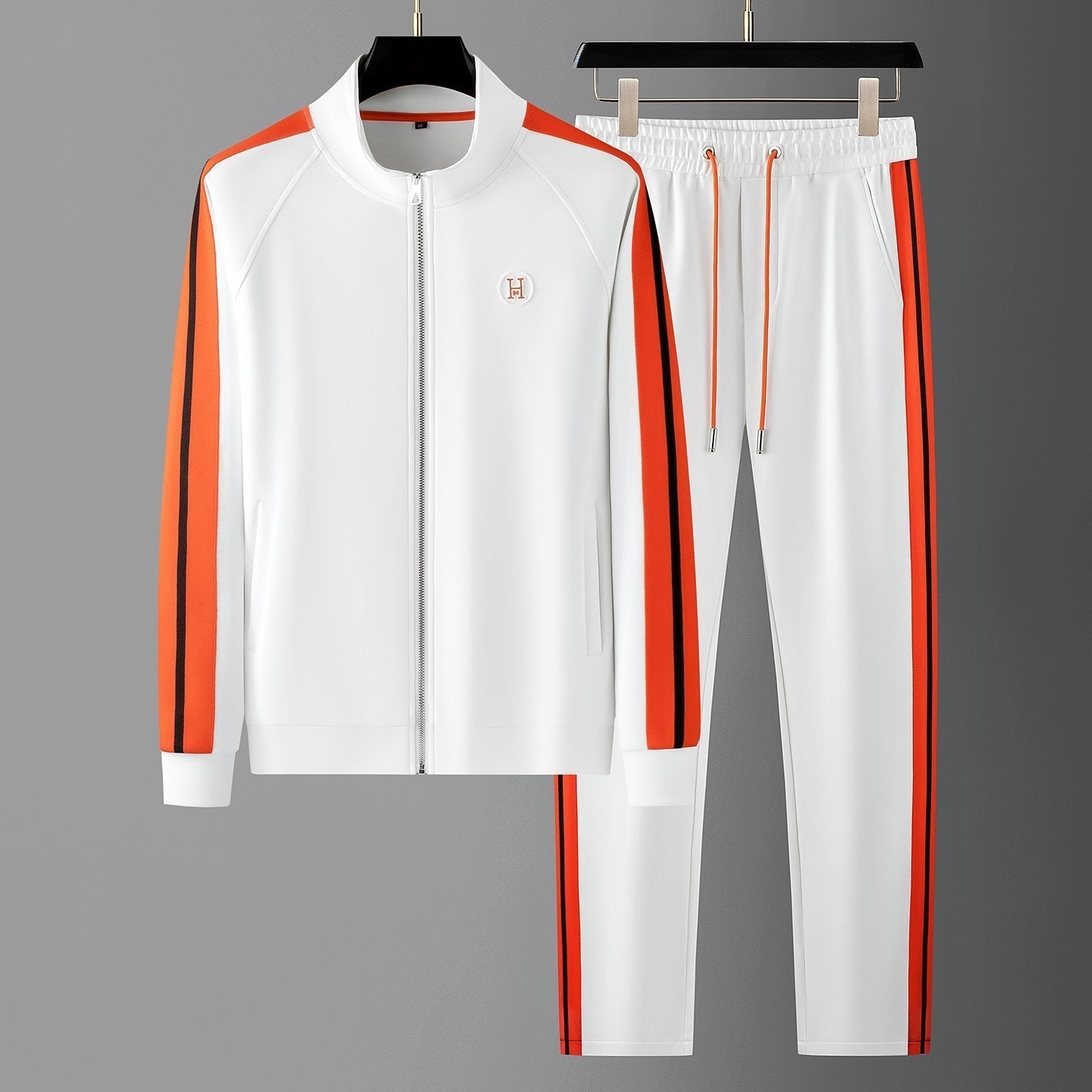 Men's Knit Tracksuit Set with Zip Jacket and Stripe Trim