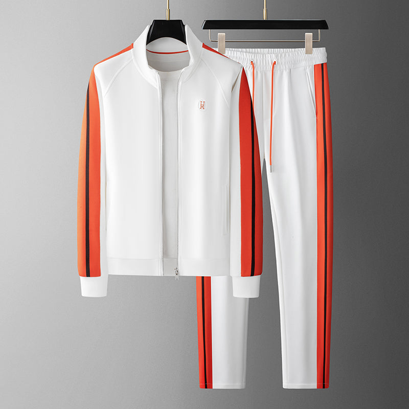 Men's Knit Tracksuit Set with Zip Jacket and Stripe Trim