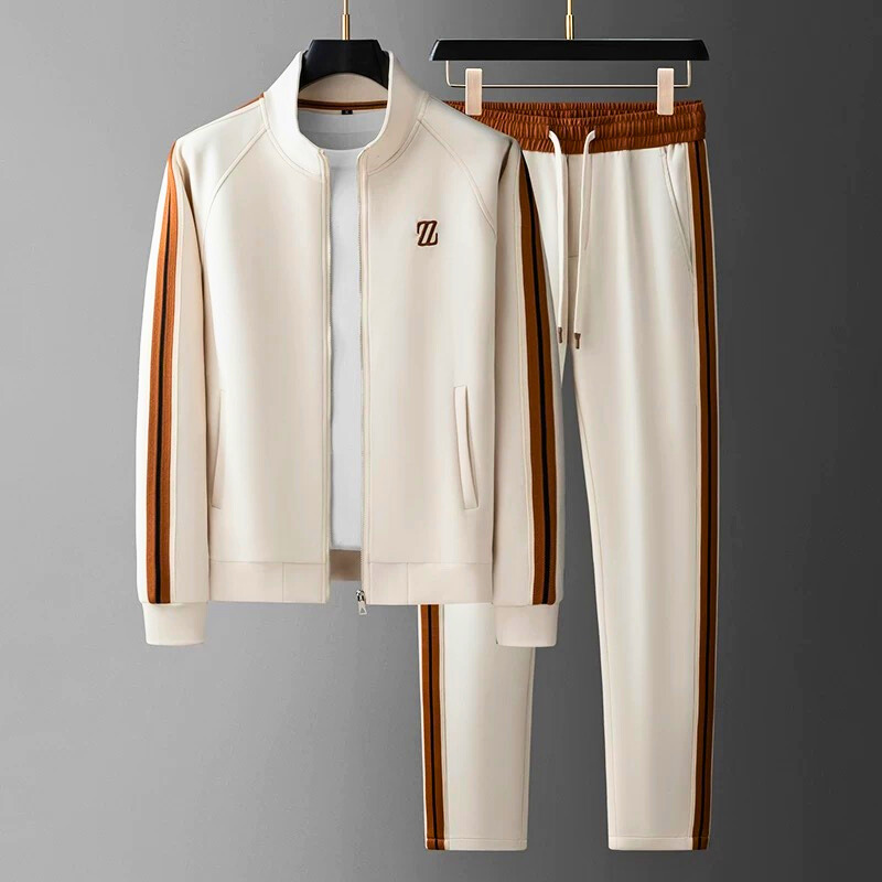 Men's Knit Tracksuit with Zip Jacket and Stripe Trim