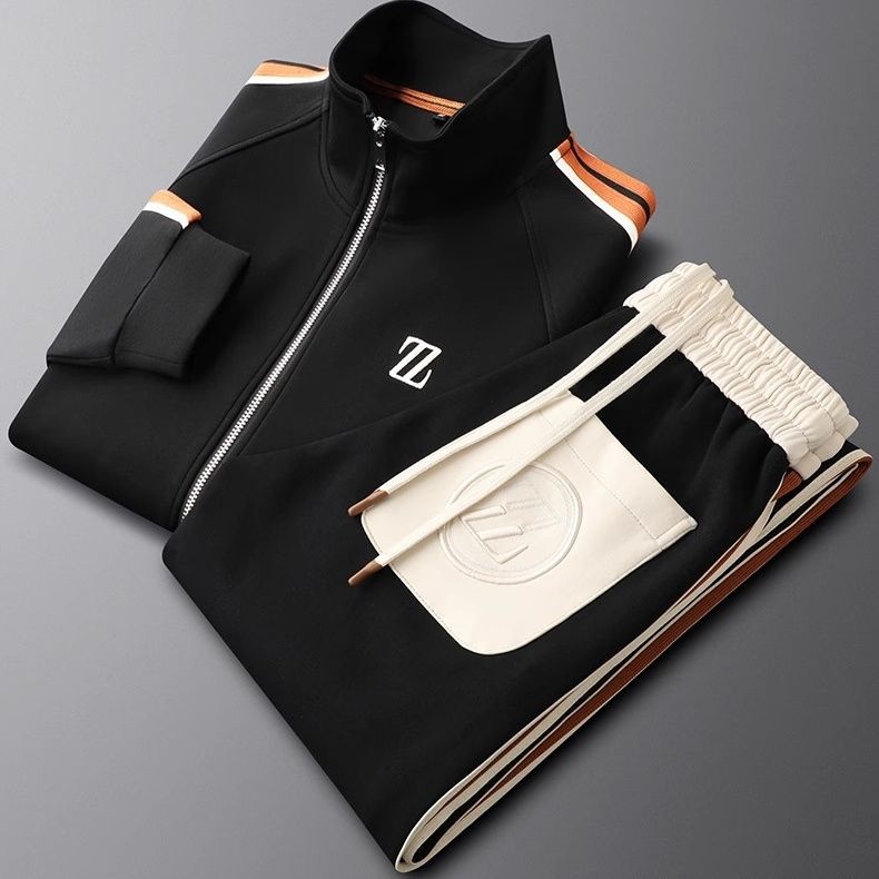Men's Knit Tracksuit with Zip Jacket and Stripe Trim