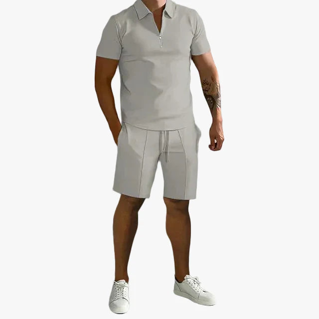 Men's Knit Two-Piece Set with Zip Polo and Drawstring Shorts