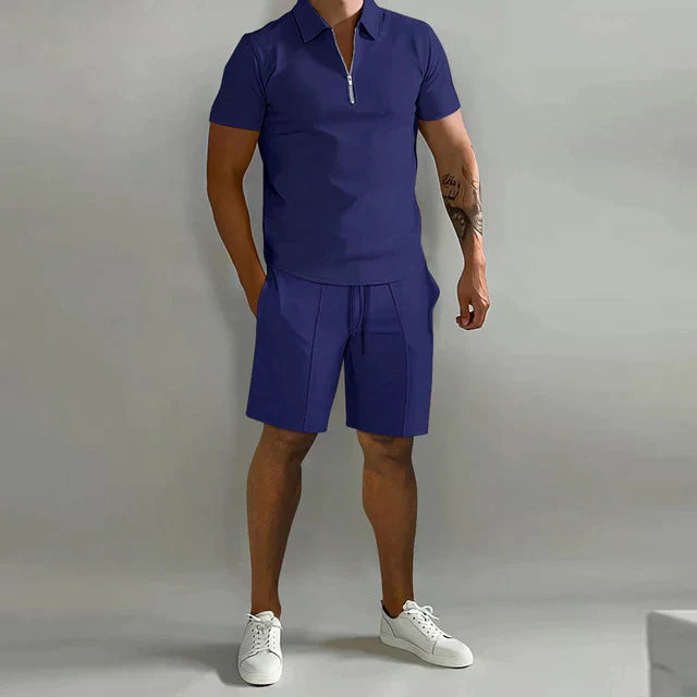 Men's Knit Two-Piece Set with Zip Polo and Drawstring Shorts