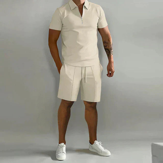 Men's Knit Two-Piece Set with Zip Polo and Drawstring Shorts