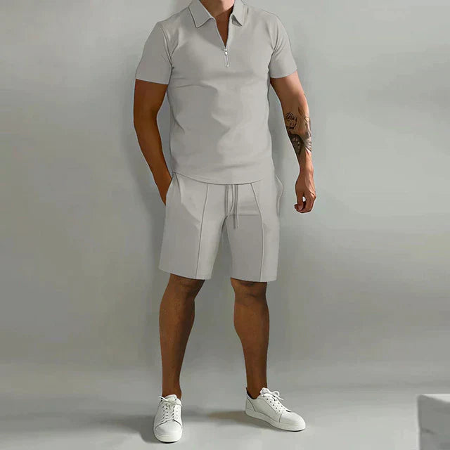 Men's Knit Two-Piece Set with Zip Polo and Drawstring Shorts