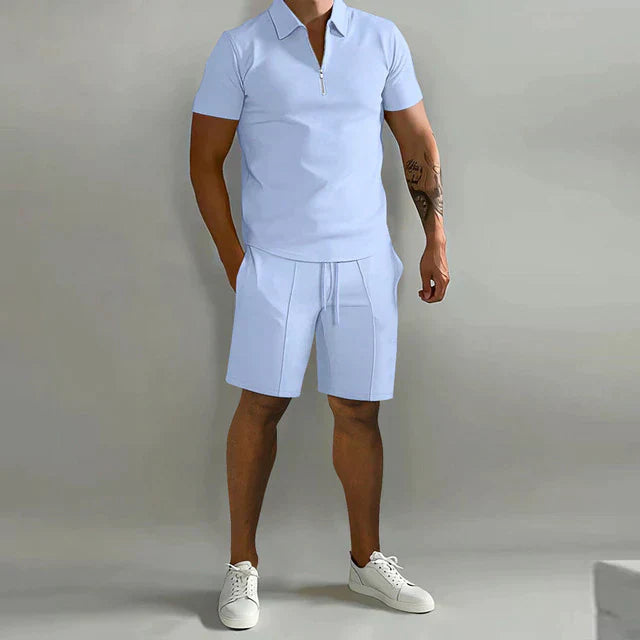 Men's Knit Two-Piece Set with Zip Polo and Drawstring Shorts