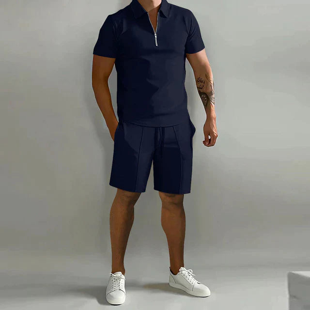 Men's Knit Two-Piece Set with Zip Polo and Drawstring Shorts