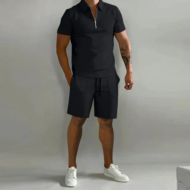 Men's Knit Two-Piece Set with Zip Polo and Drawstring Shorts
