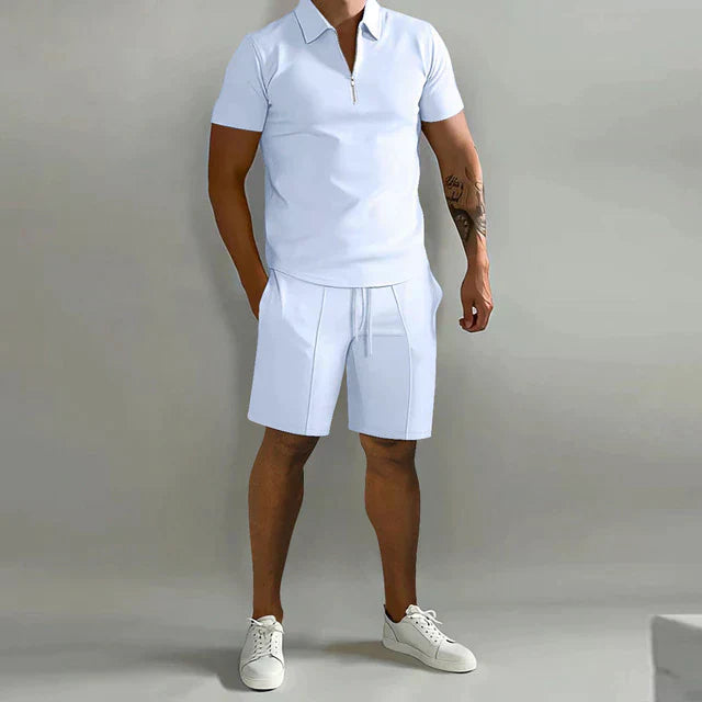 Men's Knit Two-Piece Set with Zip Polo and Drawstring Shorts
