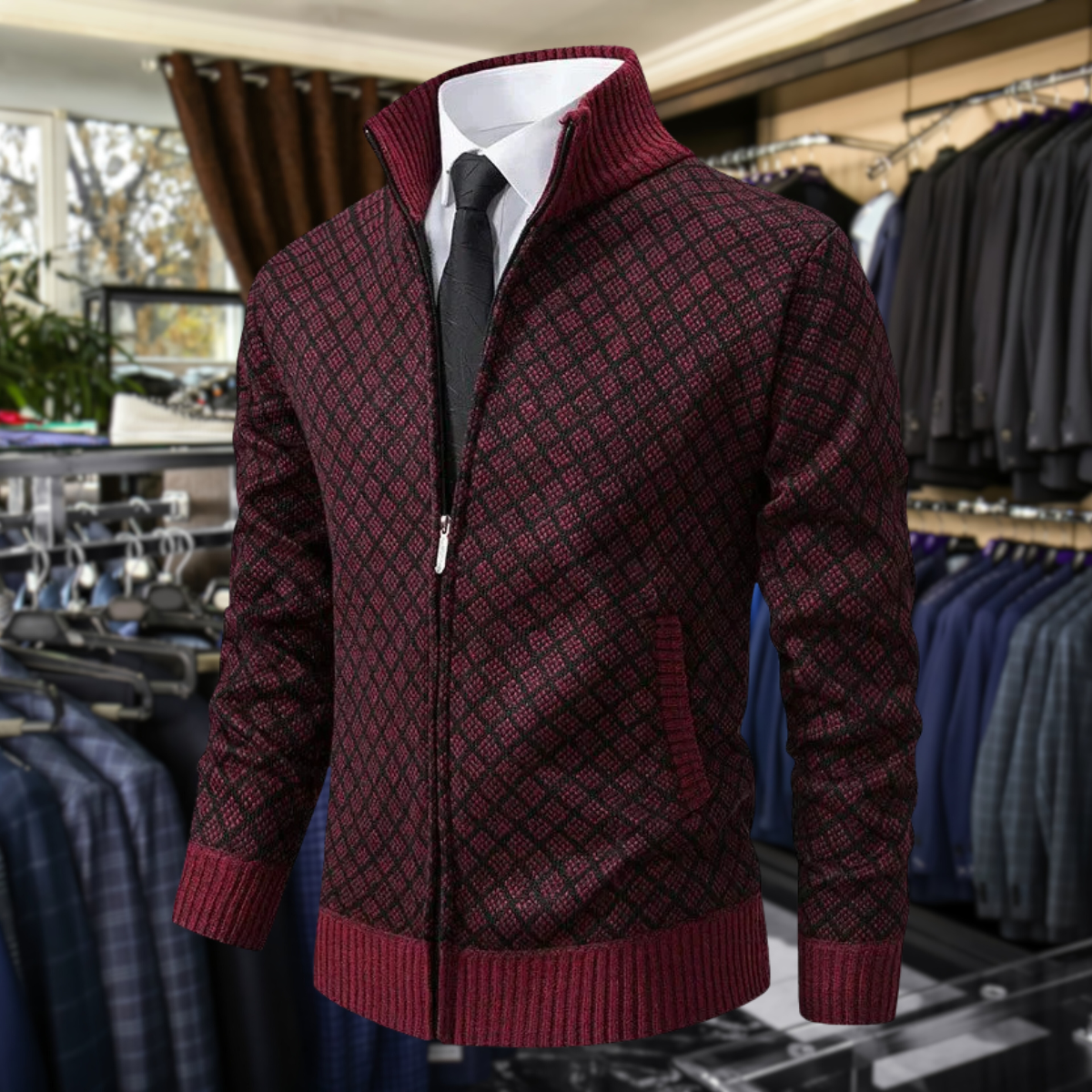 Men's Knit Zip-Up Sweater with Stand Collar and Pockets
