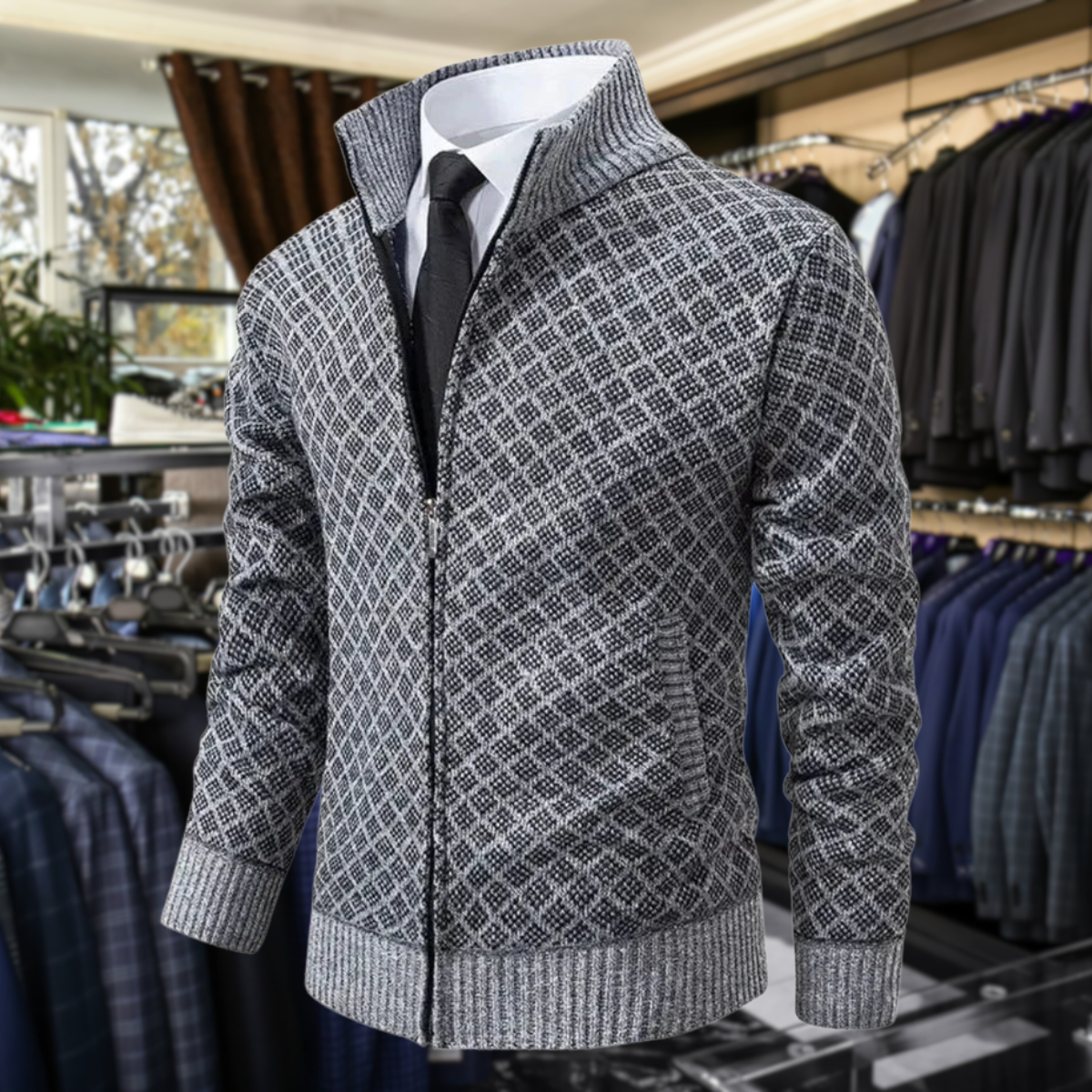 Men's Knit Zip-Up Sweater with Stand Collar and Pockets
