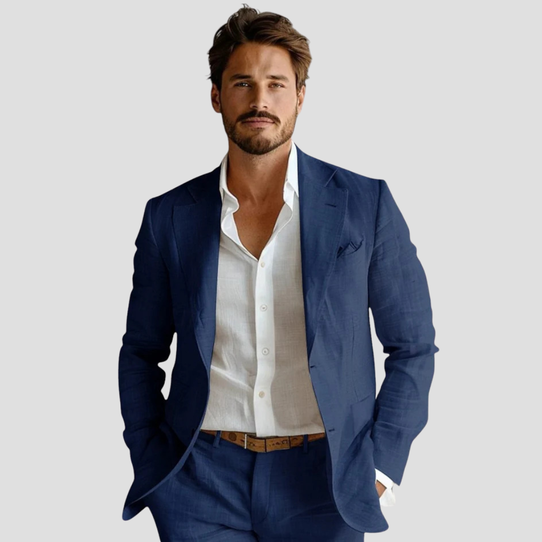 Men's Linen Blazer with Notch Lapels and Two-Button Closure