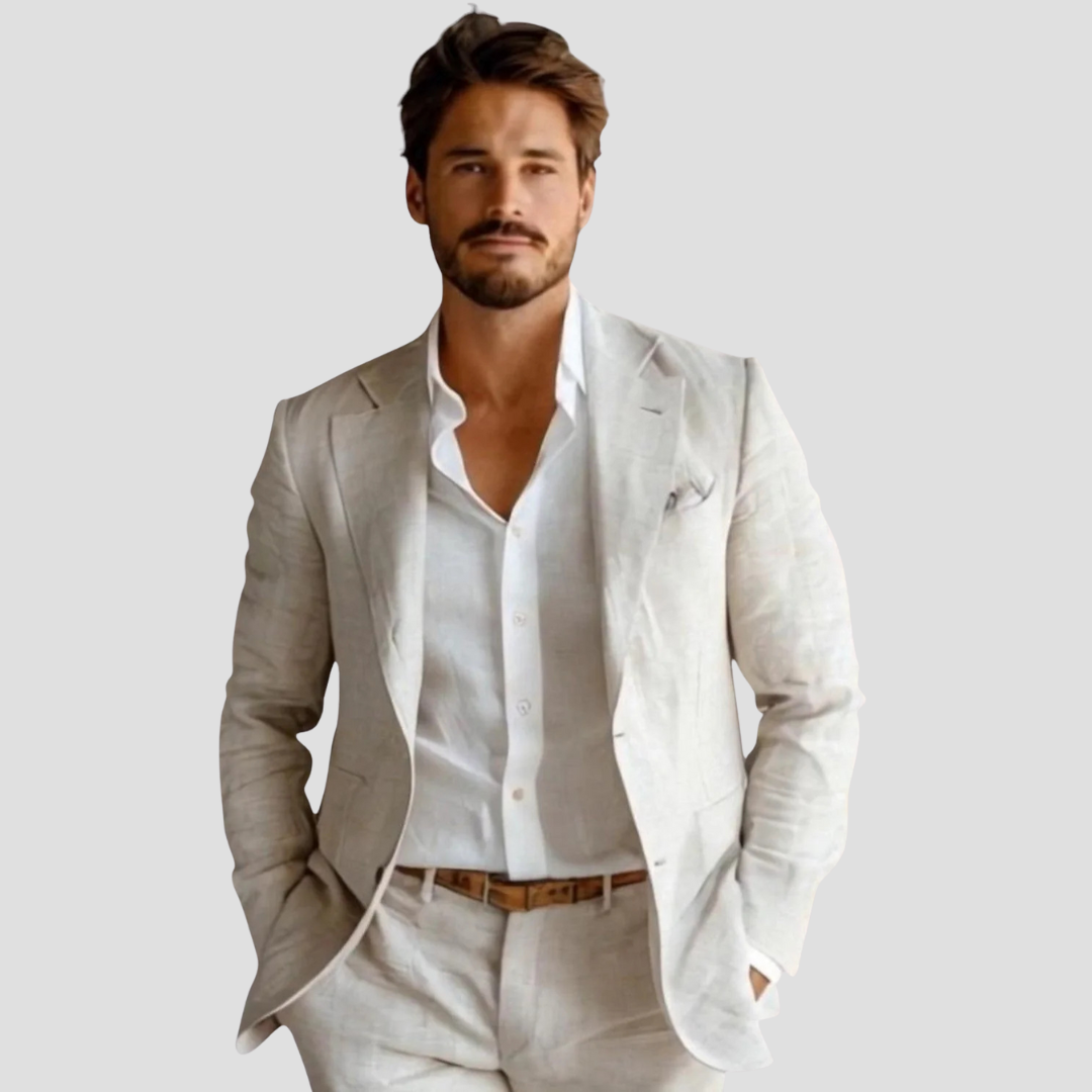 Men's Linen Blazer with Notch Lapels and Two-Button Closure