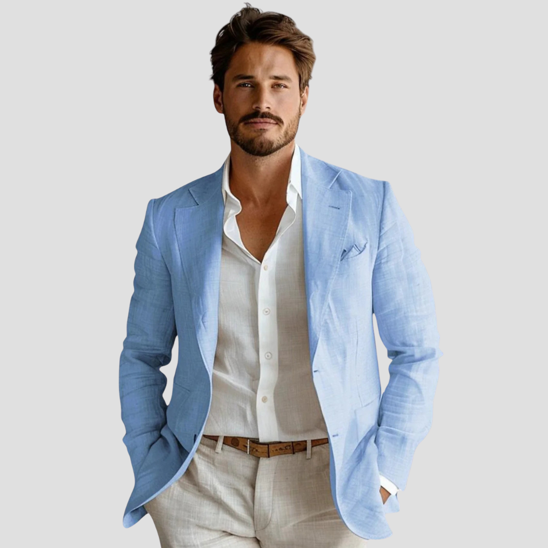Men's Linen Blazer with Notch Lapels and Two-Button Closure